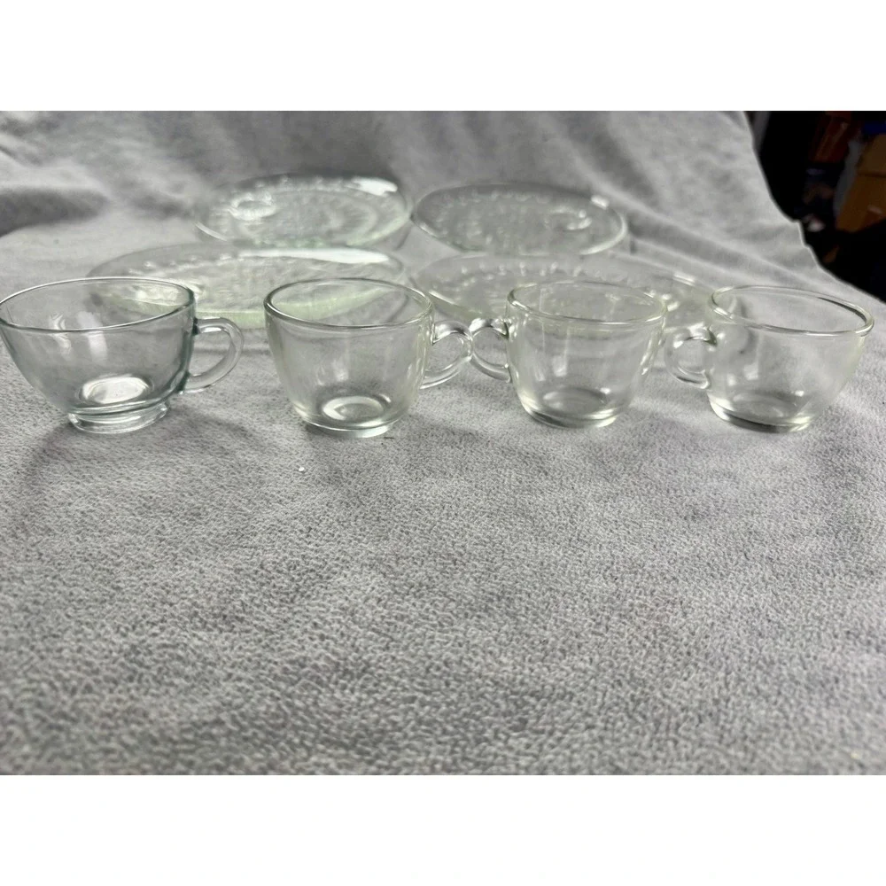 Vintage Sunburst Snack Set Sparkling Crystal Glass 4 Plates 4‎ Cups Original Box